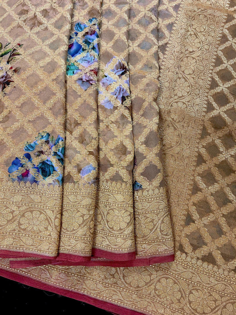 Pure Khaddi Georgette Banarasi Saree in Cafe Latte and Brick Red Color with Muted Gold Zari and Digital Floral Prints | SILK MARK CERTIFIED - Kaash