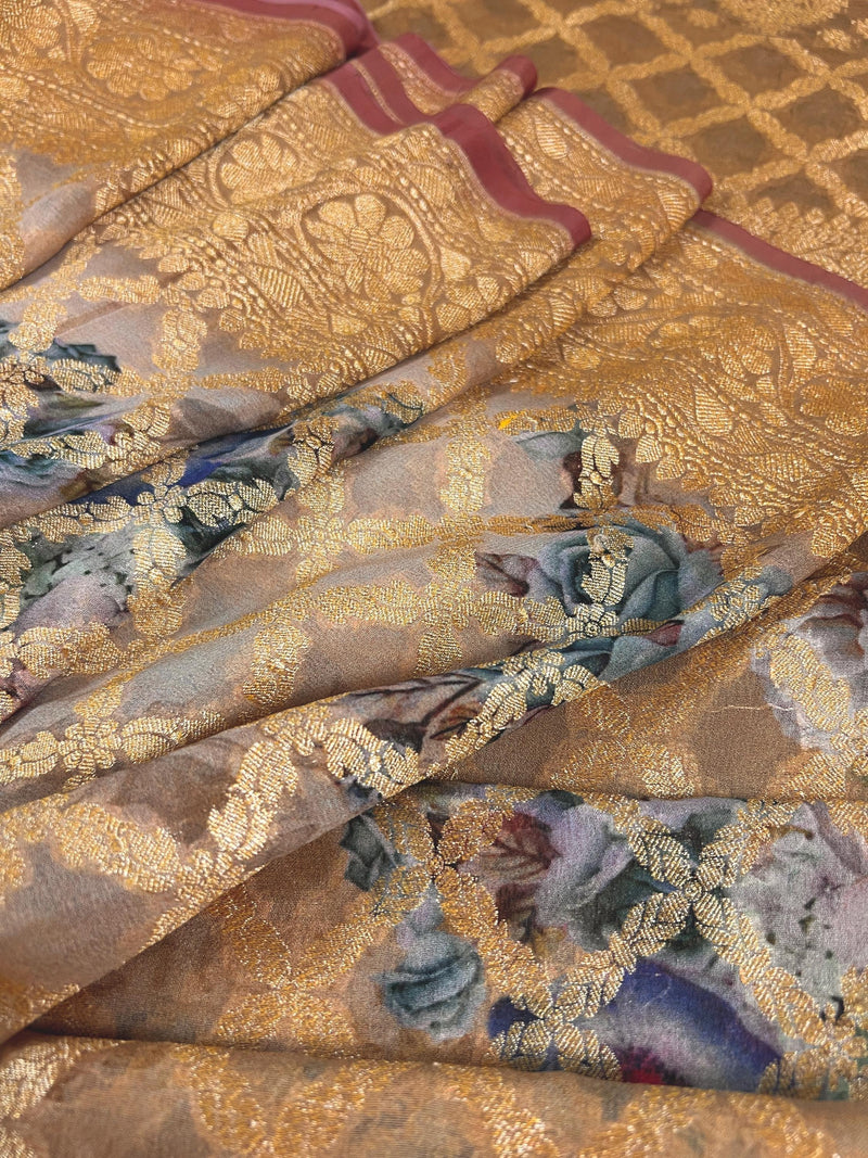 Pure Khaddi Georgette Banarasi Saree in Cafe Latte and Brick Red Color with Muted Gold Zari and Digital Floral Prints | SILK MARK CERTIFIED - Kaash