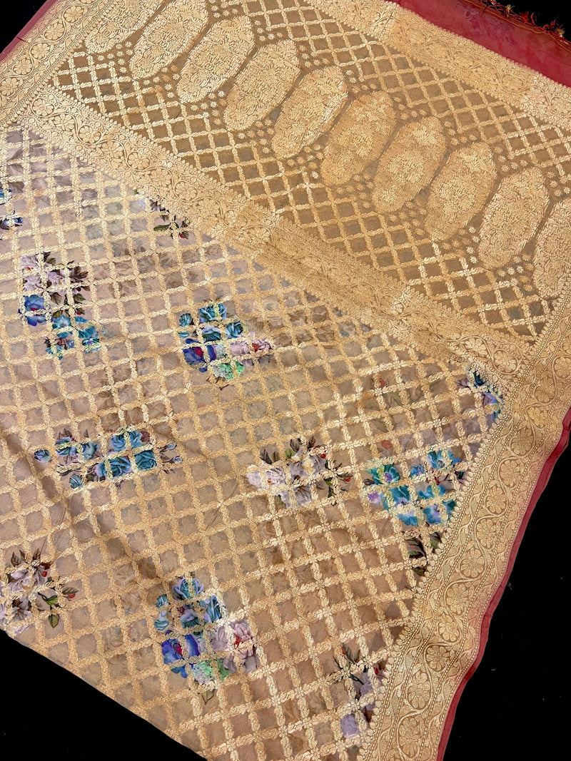 Pure Khaddi Georgette Banarasi Saree in Cafe Latte and Brick Red Color with Muted Gold Zari and Digital Floral Prints | SILK MARK CERTIFIED - Kaash