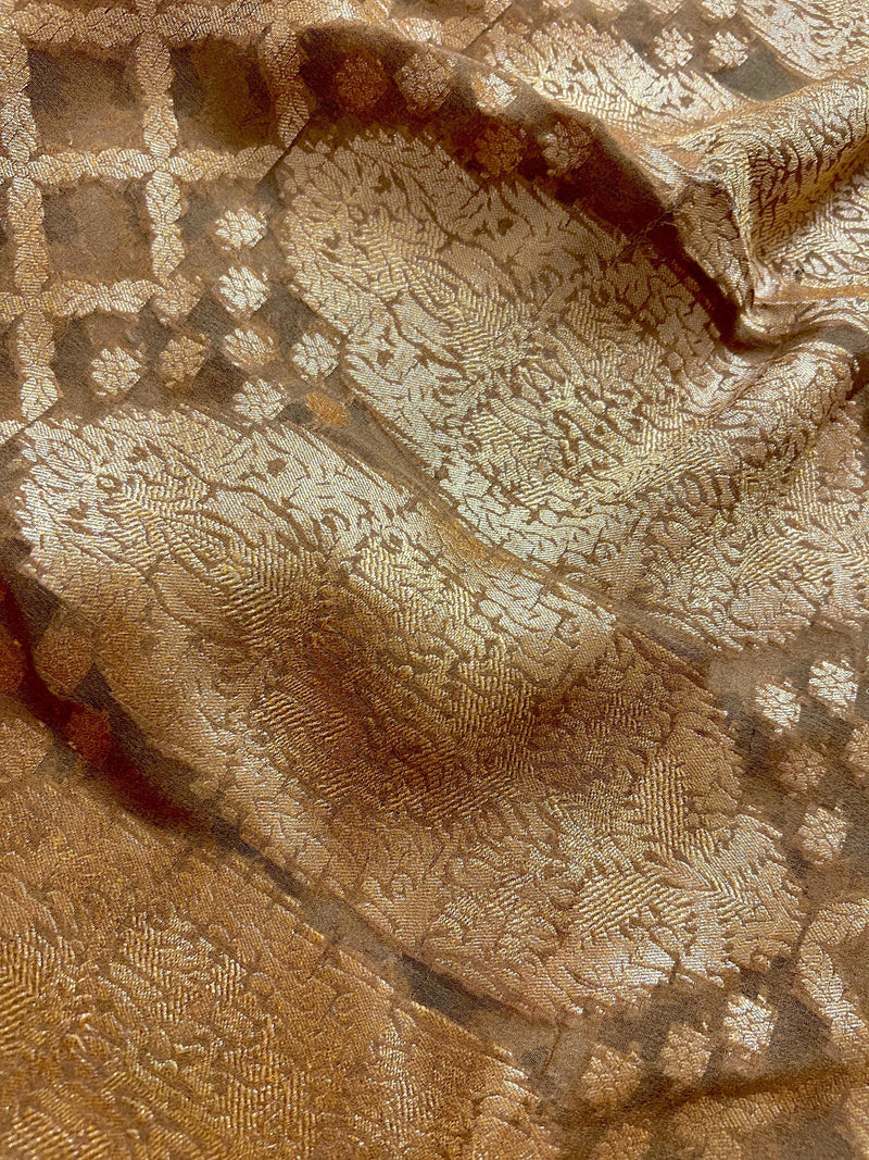 Pure Khaddi Georgette Banarasi Saree in Cafe Latte and Brick Red Color with Muted Gold Zari and Digital Floral Prints | SILK MARK CERTIFIED - Kaash