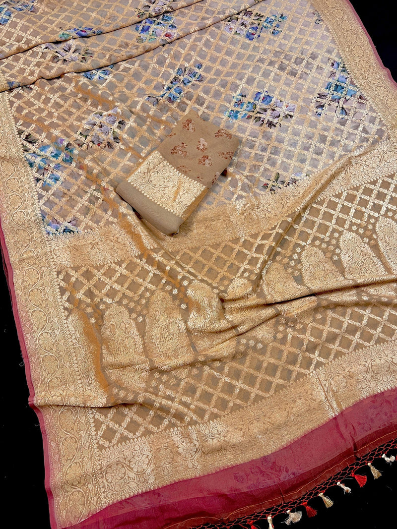 Pure Khaddi Georgette Banarasi Saree in Cafe Latte and Brick Red Color with Muted Gold Zari and Digital Floral Prints | SILK MARK CERTIFIED - Kaash