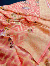 Silk Mark Certified Coral Peach Pure Khaddi Georgette saree in pure khaddi georgette silk with muted gold zari jaal with digital floral prints — Kaash Collection