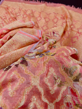 Silk Mark Certified Coral Peach Pure Khaddi Georgette saree in pure khaddi georgette silk with muted gold zari jaal with digital floral prints — Kaash Collection