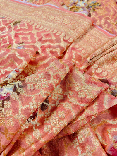 Silk Mark Certified Coral Peach Pure Khaddi Georgette saree in pure khaddi georgette silk with muted gold zari jaal with digital floral prints — Kaash Collection