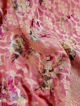 Coral Peach pure khaddi georgette banarasi silk saree with muted gold zari with digital floral prints — Kaash Collection