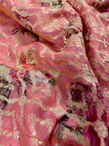 Coral Peach pure khaddi georgette banarasi silk saree with muted gold zari with digital floral prints — Kaash Collection