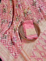 Coral Peach pure khaddi georgette banarasi silk saree with muted gold zari with digital floral prints — Kaash Collection