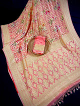 Coral Peach pure khaddi georgette banarasi silk saree with muted gold zari with digital floral prints — Kaash Collection