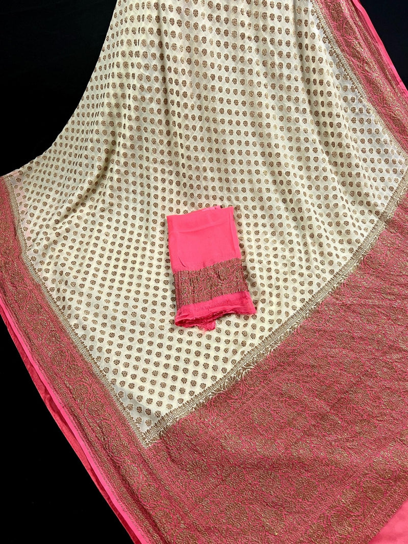 Creamy White with Strawberry Pink pure khaddi georgette banarasi silk saree with antique zari with strawberry pink borders — Kaash Collection
