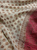 Creamy White with Strawberry Pink pure khaddi georgette banarasi silk saree with antique zari with strawberry pink borders — Kaash Collection