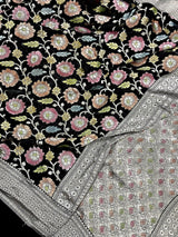 Black pure khaddi georgette banarasi silk saree with muted gold zari jaal with hand-brush — Kaash Collection
