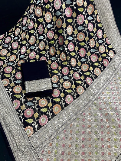 Black pure khaddi georgette banarasi silk saree with muted gold zari jaal with hand-brush — Kaash Collection