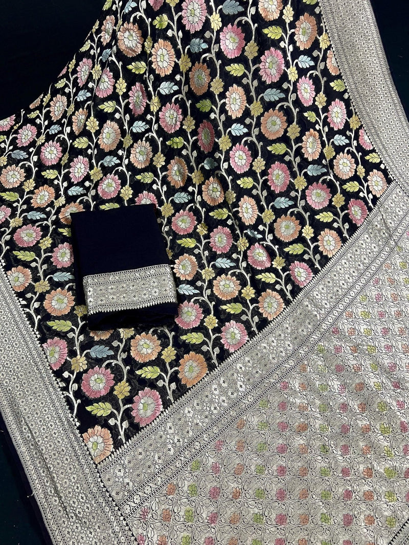 Black pure khaddi georgette banarasi silk saree with muted gold zari jaal with hand-brush — Kaash Collection