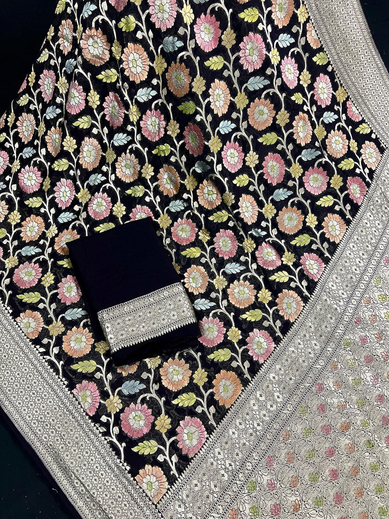 Pure Khaddi Georgette Banarasi Silk Saree in Black Color with Muted Sliver Zari | Floral Meenakari Jaal Silk Sari | SILK MARK CERTIFIED - Kaash