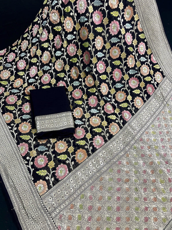 Pure Khaddi Georgette Banarasi Silk Saree in Black Color with Muted Sliver Zari | Floral Meenakari Jaal Silk Sari | SILK MARK CERTIFIED - Kaash