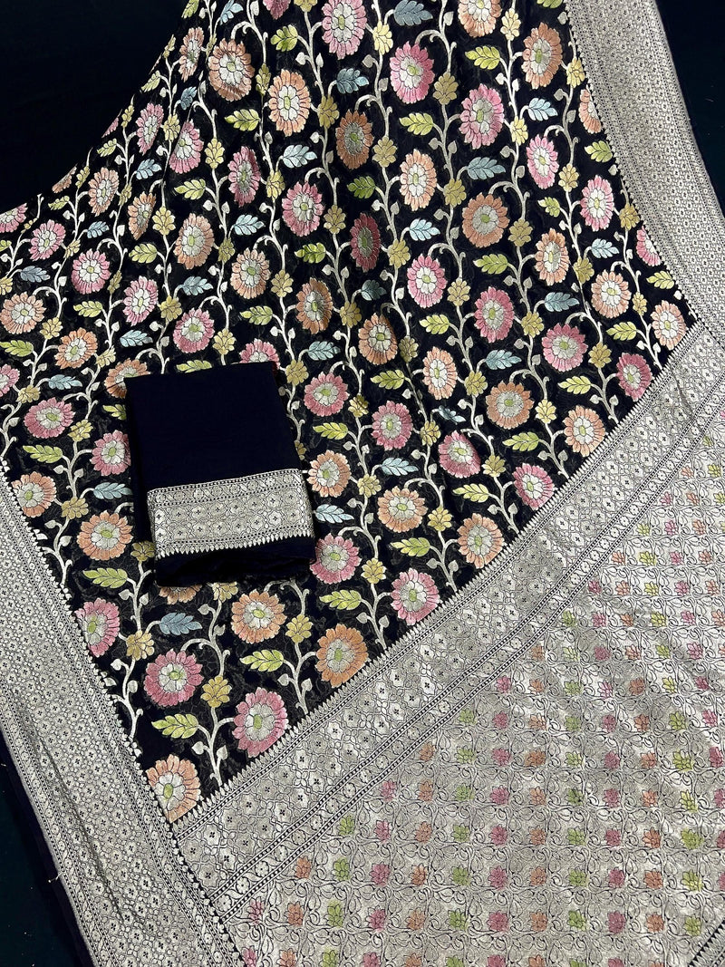 Pure Khaddi Georgette Banarasi Silk Saree in Black Color with Muted Sliver Zari | Floral Meenakari Jaal Silk Sari | SILK MARK CERTIFIED - Kaash