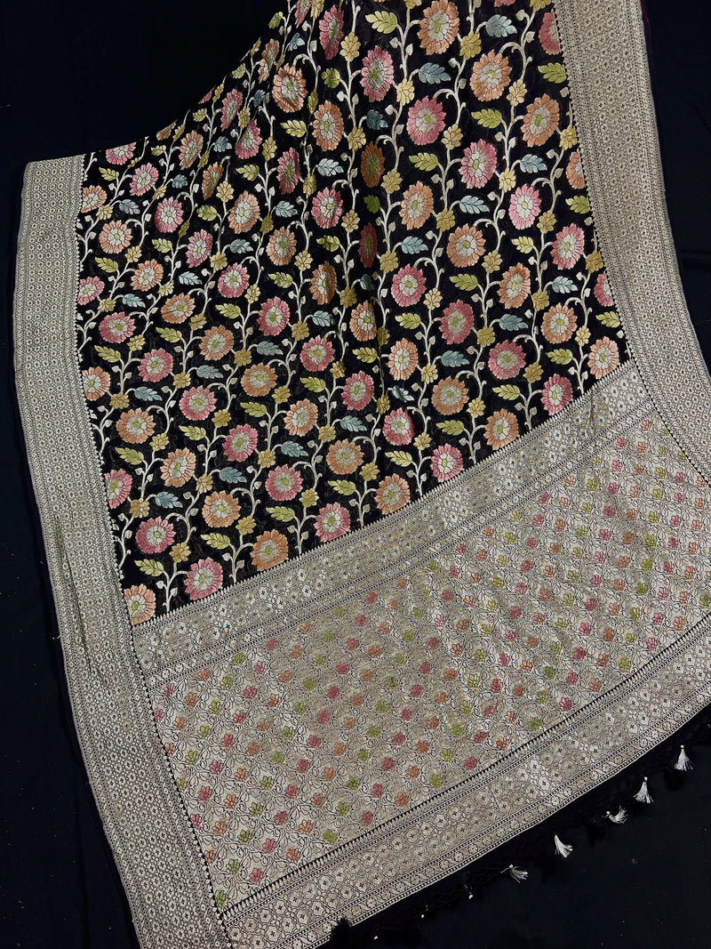 Pure Khaddi Georgette Banarasi Silk Saree in Black Color with Muted Sliver Zari | Floral Meenakari Jaal Silk Sari | SILK MARK CERTIFIED - Kaash
