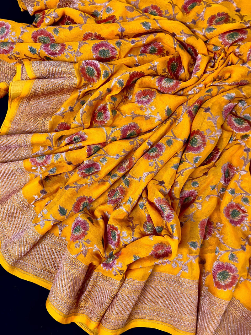 Pure Khaddi Georgette Banarasi Silk Saree in Mango Yellow with Copper Zari - Floral Jaal Sari with Hand Brush Paint - SILK MARK CERTIFIED - Kaash