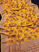 Pure Khaddi Georgette Banarasi Silk Saree in Mango Yellow with Copper Zari - Floral Jaal Sari with Hand Brush Paint - SILK MARK CERTIFIED - Kaash