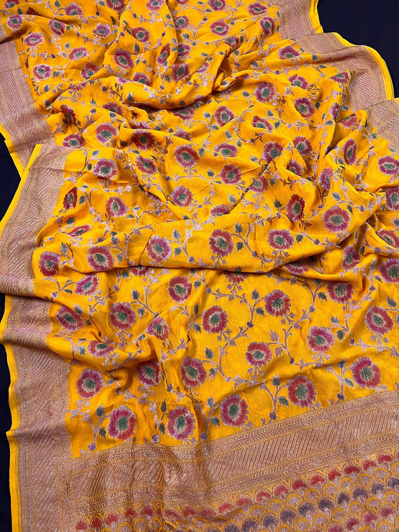 Pure Khaddi Georgette Banarasi Silk Saree in Mango Yellow with Copper Zari - Floral Jaal Sari with Hand Brush Paint - SILK MARK CERTIFIED - Kaash