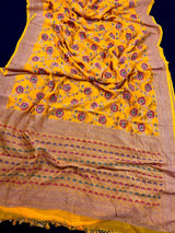 Pure Khaddi Georgette Banarasi Silk Saree in Mango Yellow with Copper Zari - Floral Jaal Sari with Hand Brush Paint - SILK MARK CERTIFIED - Kaash