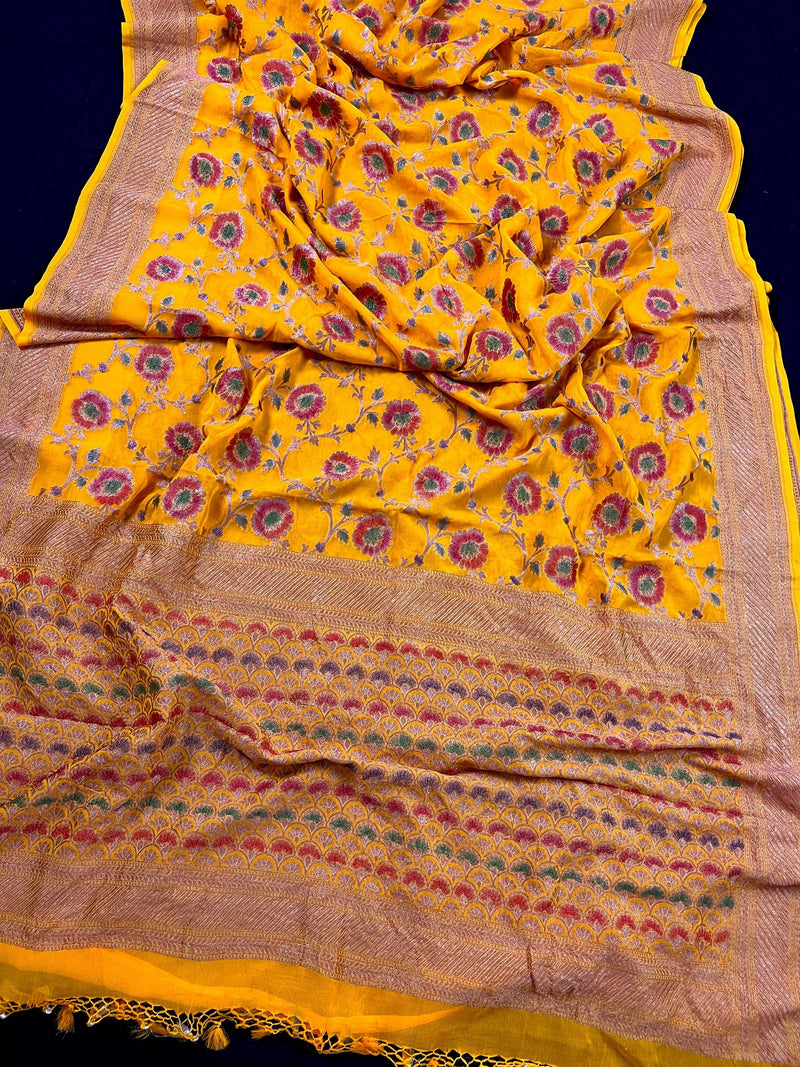 Pure Khaddi Georgette Banarasi Silk Saree in Mango Yellow with Copper Zari - Floral Jaal Sari with Hand Brush Paint - SILK MARK CERTIFIED - Kaash