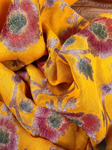 Pure Khaddi Georgette Banarasi Silk Saree in Mango Yellow with Copper Zari - Floral Jaal Sari with Hand Brush Paint - SILK MARK CERTIFIED - Kaash