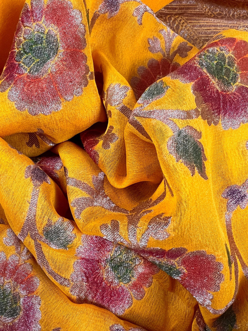 Pure Khaddi Georgette Banarasi Silk Saree in Mango Yellow with Copper Zari - Floral Jaal Sari with Hand Brush Paint - SILK MARK CERTIFIED - Kaash
