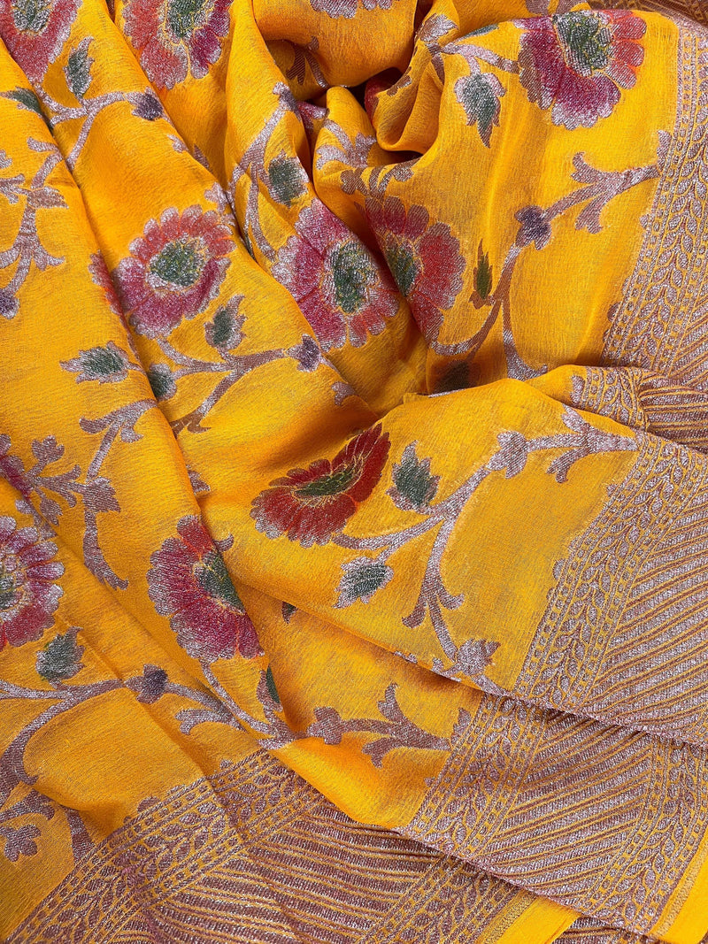 Pure Khaddi Georgette Banarasi Silk Saree in Mango Yellow with Copper Zari - Floral Jaal Sari with Hand Brush Paint - SILK MARK CERTIFIED - Kaash