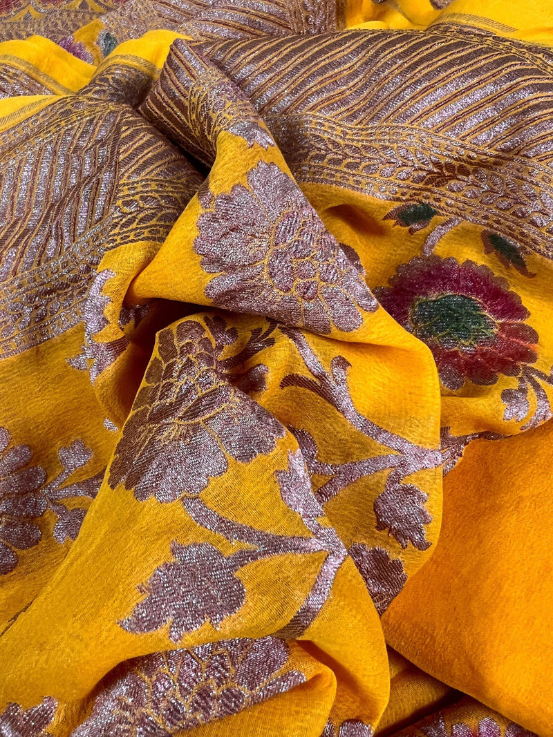 Pure Khaddi Georgette Banarasi Silk Saree in Mango Yellow with Copper Zari - Floral Jaal Sari with Hand Brush Paint - SILK MARK CERTIFIED - Kaash