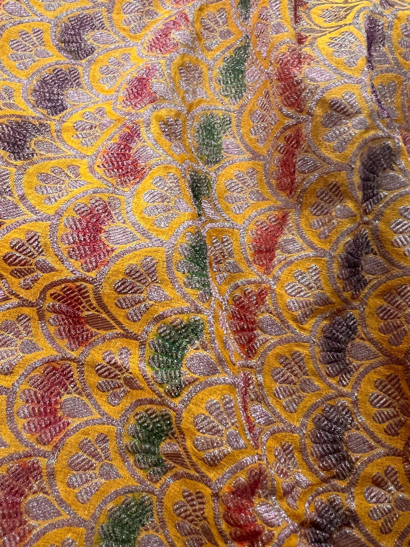 Pure Khaddi Georgette Banarasi Silk Saree in Mango Yellow with Copper Zari - Floral Jaal Sari with Hand Brush Paint - SILK MARK CERTIFIED - Kaash