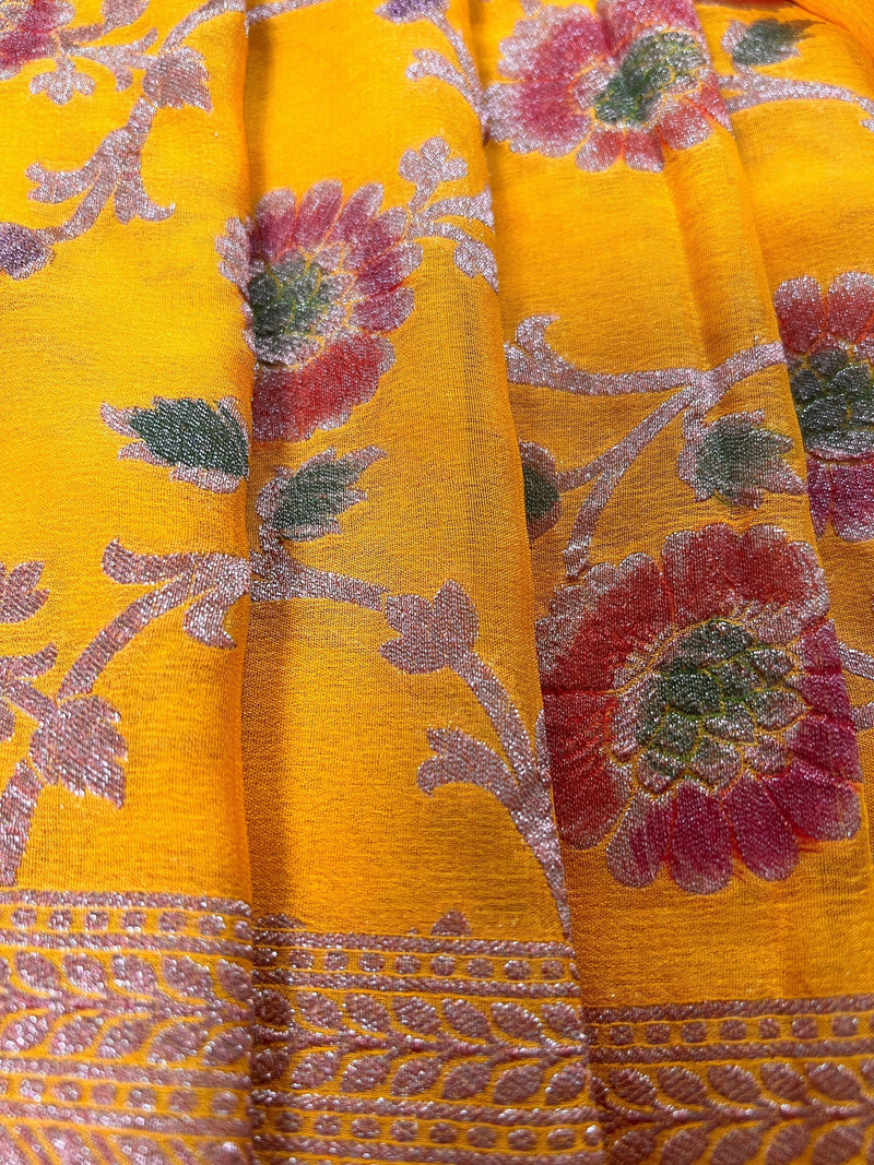 Pure Khaddi Georgette Banarasi Silk Saree in Mango Yellow with Copper Zari - Floral Jaal Sari with Hand Brush Paint - SILK MARK CERTIFIED - Kaash
