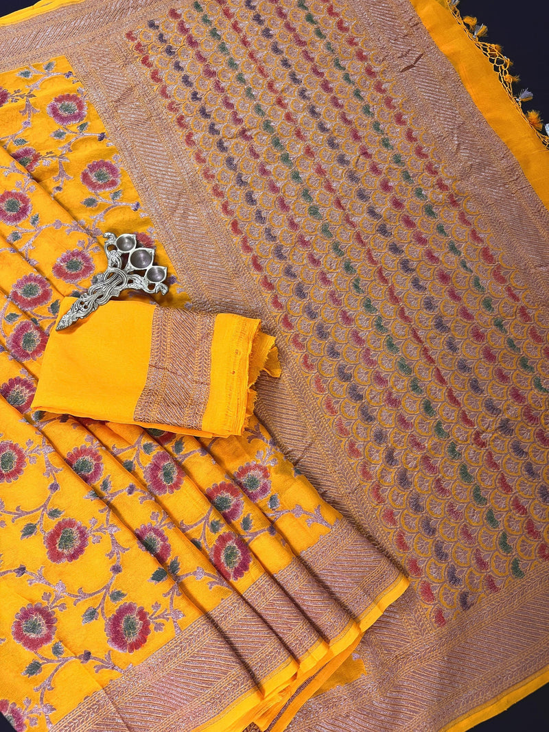 Pure Khaddi Georgette Banarasi Silk Saree in Mango Yellow with Copper Zari - Floral Jaal Sari with Hand Brush Paint - SILK MARK CERTIFIED - Kaash