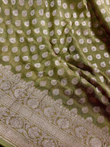 Mehandi Green pure khaddi georgette banarasi silk saree with muted gold zari weave — Kaash Collection