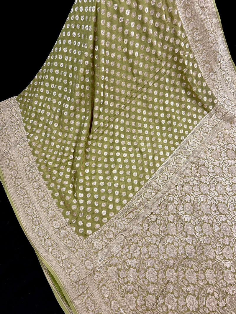 Mehandi Green pure khaddi georgette banarasi silk saree with muted gold zari weave — Kaash Collection