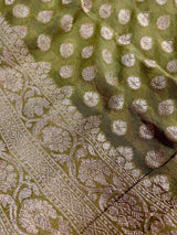 Mehandi Green pure khaddi georgette banarasi silk saree with muted gold zari weave — Kaash Collection