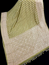 Mehandi Green pure khaddi georgette banarasi silk saree with muted gold zari weave — Kaash Collection