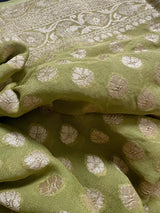 Mehandi Green pure khaddi georgette banarasi silk saree with muted gold zari weave — Kaash Collection