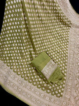 Mehandi Green pure khaddi georgette banarasi silk saree with muted gold zari weave — Kaash Collection
