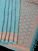 Pastel Blue pure khaddi georgette banarasi silk saree with copper zari with wide border — Kaash Collection