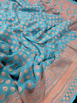 Pastel Blue pure khaddi georgette banarasi silk saree with copper zari with wide border — Kaash Collection