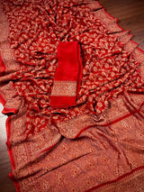 Red pure khaddi georgette banarasi silk saree with antique copper zari weave — Kaash Collection