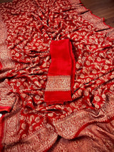Red pure khaddi georgette banarasi silk saree with antique copper zari weave — Kaash Collection