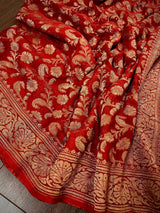 Red pure khaddi georgette banarasi silk saree with antique copper zari weave — Kaash Collection