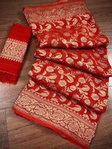 Red pure khaddi georgette banarasi silk saree with antique copper zari weave — Kaash Collection