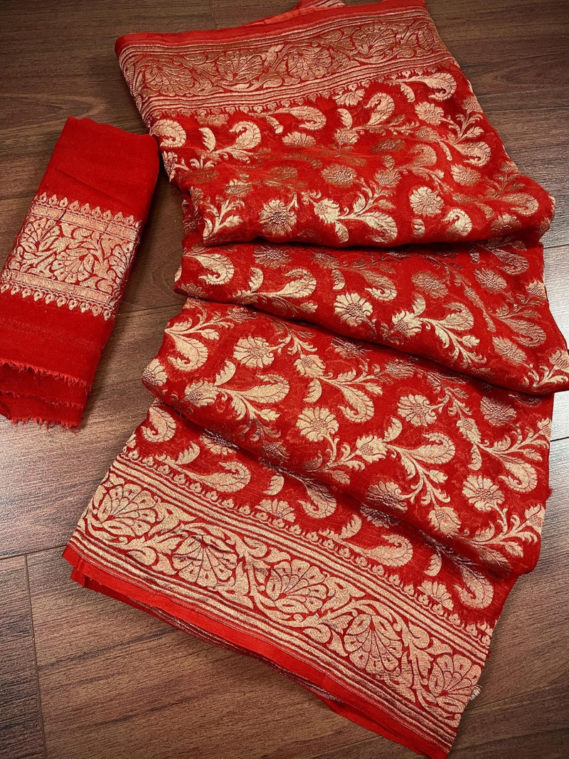 Red pure khaddi georgette banarasi silk saree with antique copper zari weave — Kaash Collection