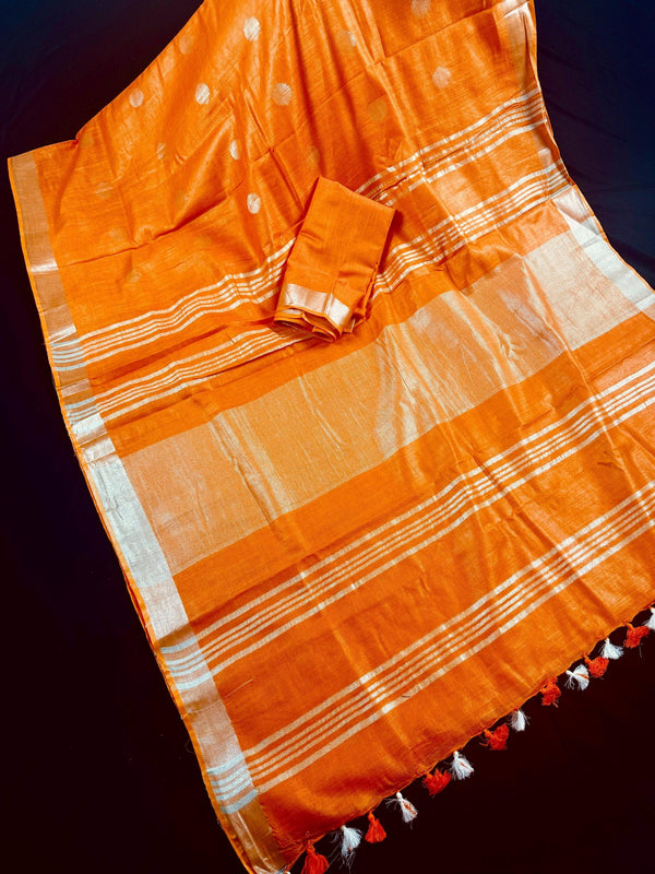 Pure Linen By linen in Orange Color with small Sliver Zari Balls | Zari Work with Tassels | Linen Sarees | Pink color Linen Saree - Kaash