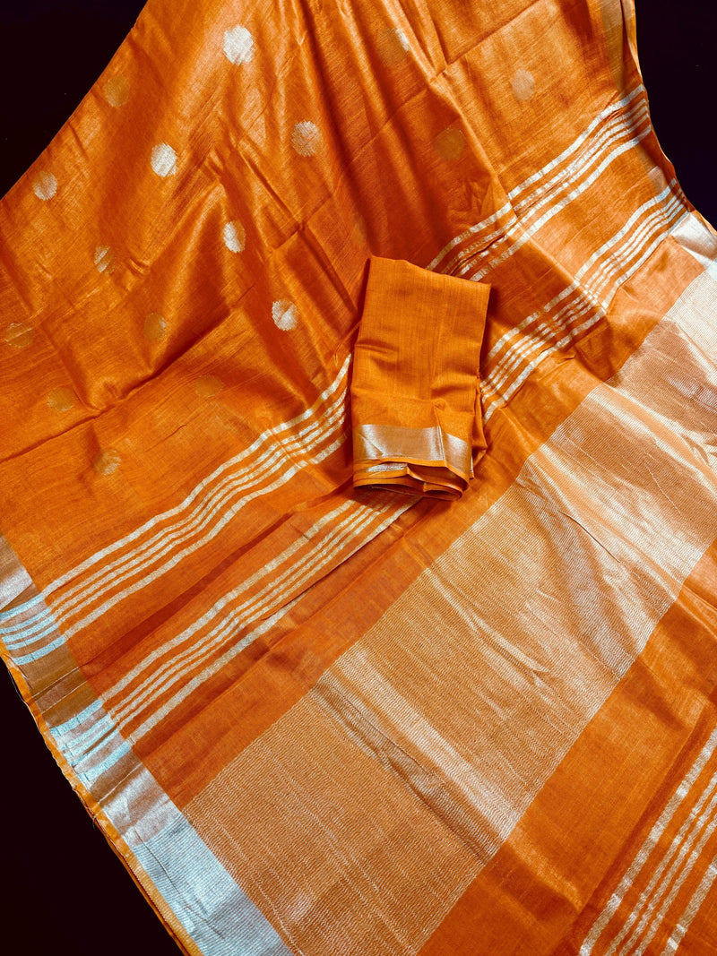 Pure Linen By linen in Orange Color with small Sliver Zari Balls | Zari Work with Tassels | Linen Sarees | Pink color Linen Saree - Kaash