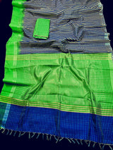 Pure Raw Silk Saree with Checks in Beige, Royal Blue and Parrot Green Color with Temple Border - Kaash