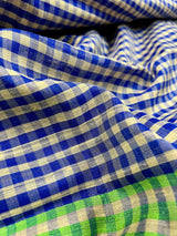 Pure Raw Silk Saree with Checks in Beige, Royal Blue and Parrot Green Color with Temple Border - Kaash